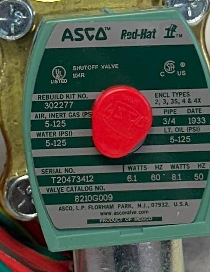 Used ASCO 8210G009120/60,110/50 / 8210G009 Red-Hat SOLENOID VALVE 3/4'' 110/120V NSMP