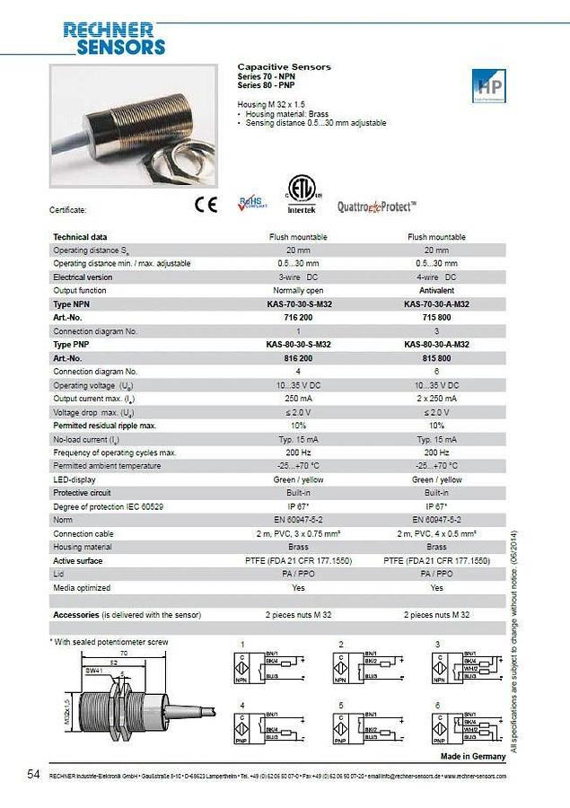Used NEW RECHNER KAS-70-30-A-M32 / 715800 CAPACITIVE SENSOR 0.5...30mm 4 WIRE DC