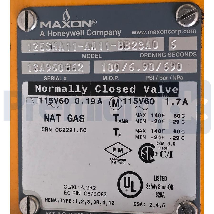 Used Maxon 125SMA11-AA11-BB23A0 1.25" NPT N/C Gas Safety Shut-Off Valve 115V/60Hz NEW
