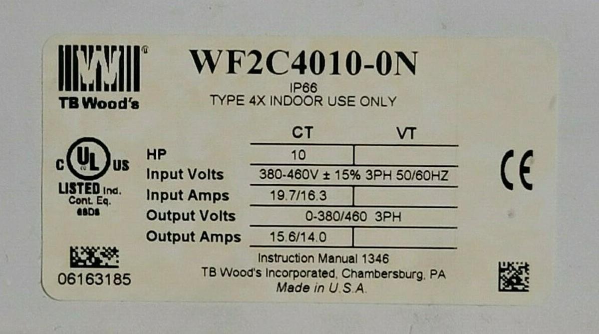 Used DANFOSS VACON TB WOODS WF2C4010-0N DRIVE 10HP 460VAC 3PHASE NEMA 1