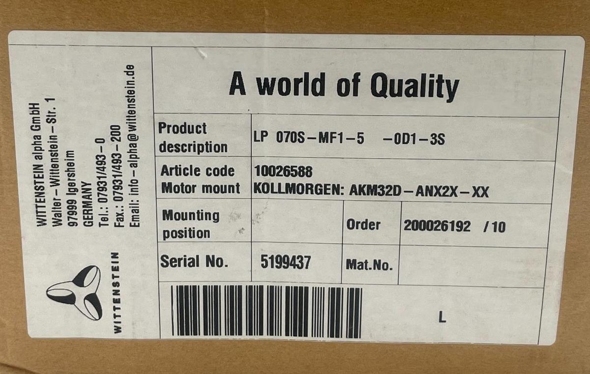 Used WITTENSTEIN Alpha LP070S-MF1-5-0D1-3S Planetary Gearbox 5:1 Head 10026588 NSMP
