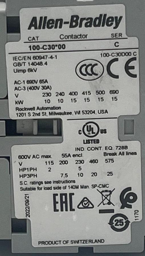 Allen Bradley 100-C30D00 /C IEC Contactor 30A 600V 120VAC COIL 100-C30*00 NSNP