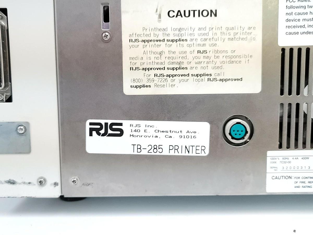 Used RJS IP8400V THERMABAR VERFIED PRINTING SYSTEM TB-285 PRINTER