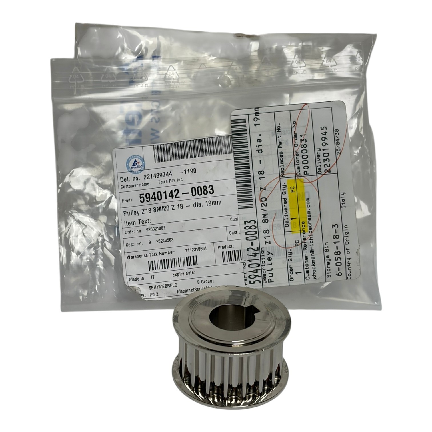 Used Genuine Tetra Pak 5940142-0083 Timing Pulley Z18 8M/20 dia 19mm Italy New