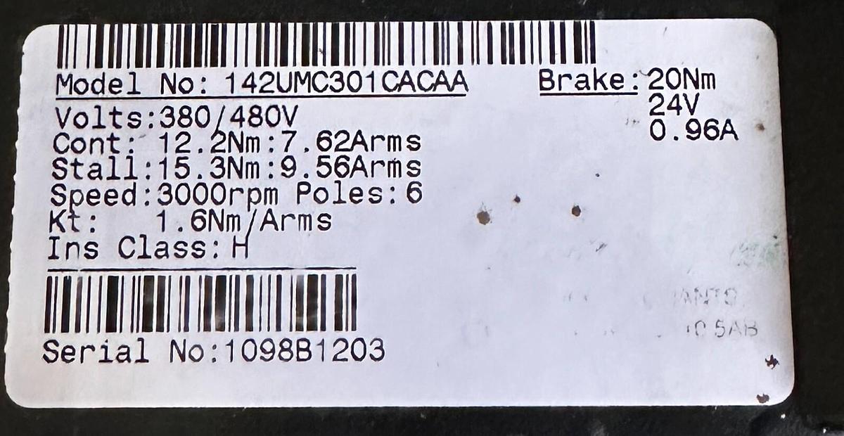 Used CONTROL TECHNIQUES 142UMC301CACAA BRUSHLESS SERVO MOTOR 12.2Nm 380/480V