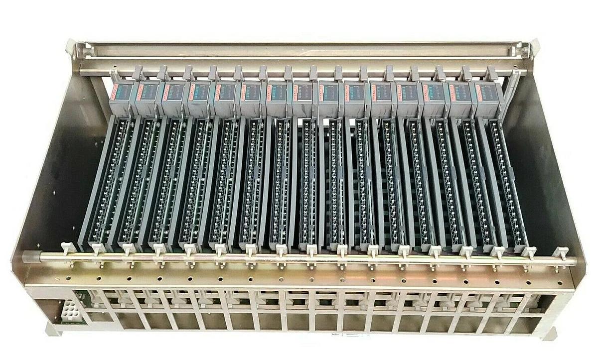 Used ALLEN BRADLEY 1771-A4B 16 SLOT I/O CHASSIS SER. B REV. K01 W/ 15 1771-IAD SER. D