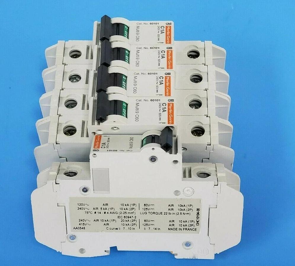 Used LOT OF 5 MERLIN GERIN 60101 CIRCUIT BREAKERS C1A, 240V, MULTI 9 C60