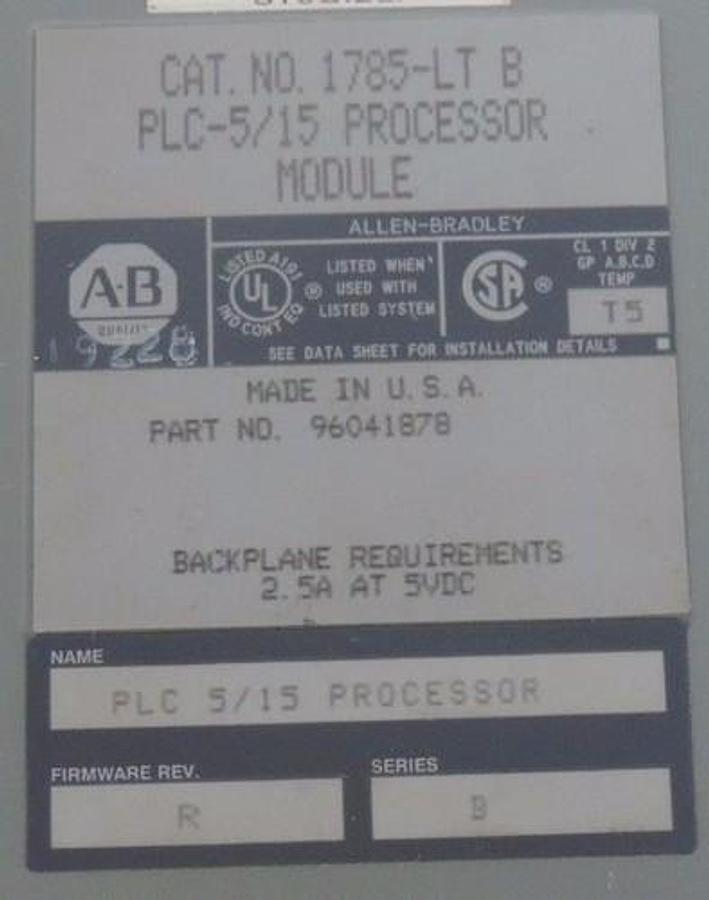 Used ALLEN BRADLEY 1785-LT PROCESSOR MODULE SER. B F/W REV: R P/N 96041878, 1785LTB
