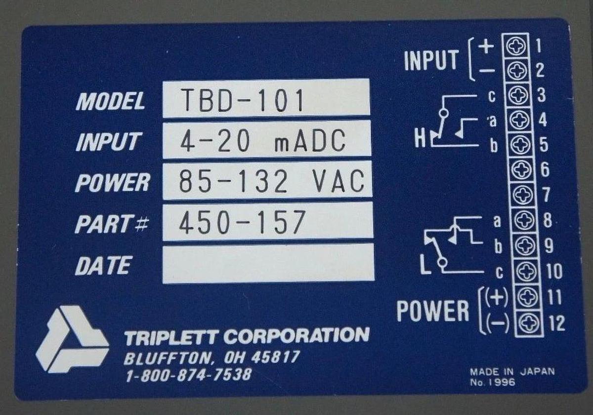 Used NIB TRIPLETT CORP TBD-101 BARGRAPH INDICATOR PART# 450-157 4-20MADC 85-132VAC