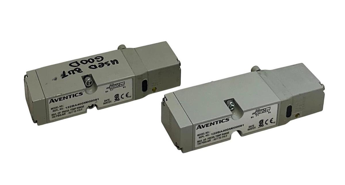 Used 2 AVENTICS 122BA400M000061 SOLENOID VALVES 2012 SERIES 150PSIG 24VDC COIL USNP