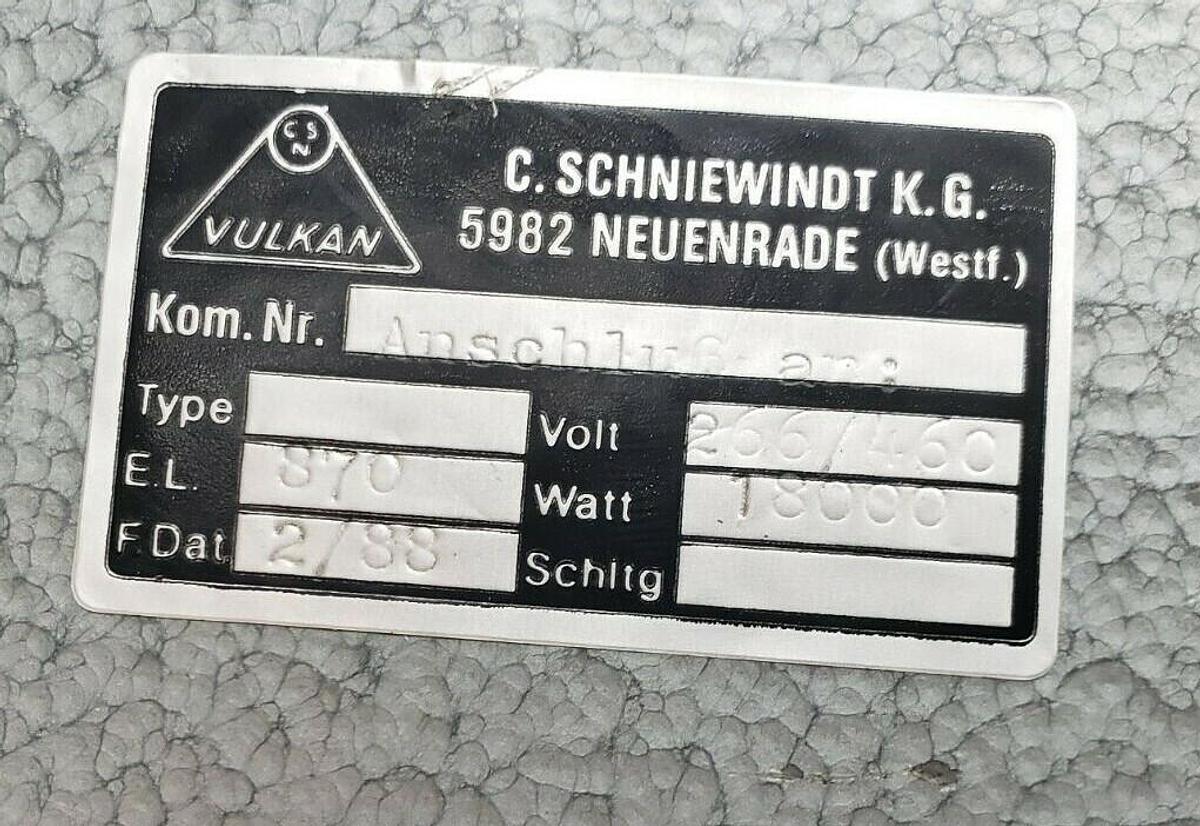 Used NEW SCHNIEWINDT VULKAN HEATER 266/460V 1800W E.L. 870 KOM. NR. ANSCHLUß AN