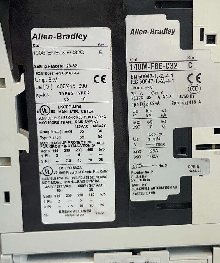 Used ALLEN BRADLEY 190S-ENEJ3-FC32C /B COMPACT COMB STARTER W/ BREAKER 23-32A USNP