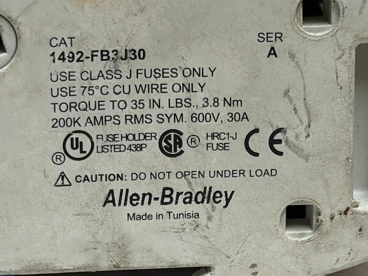 Used Allen-Bradley 1492-FB3J30 Class J Fuse Holder 3-Pole 30A 600V DIN Rail