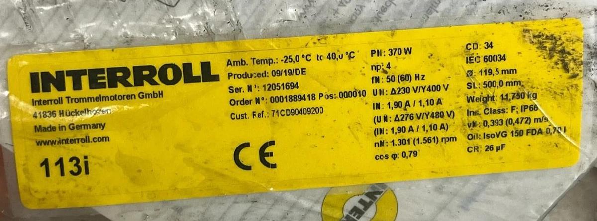 Interroll 113i Drum Motor 370W 460V 3PH IP66 | PU Lagged Shell | 300mm FW