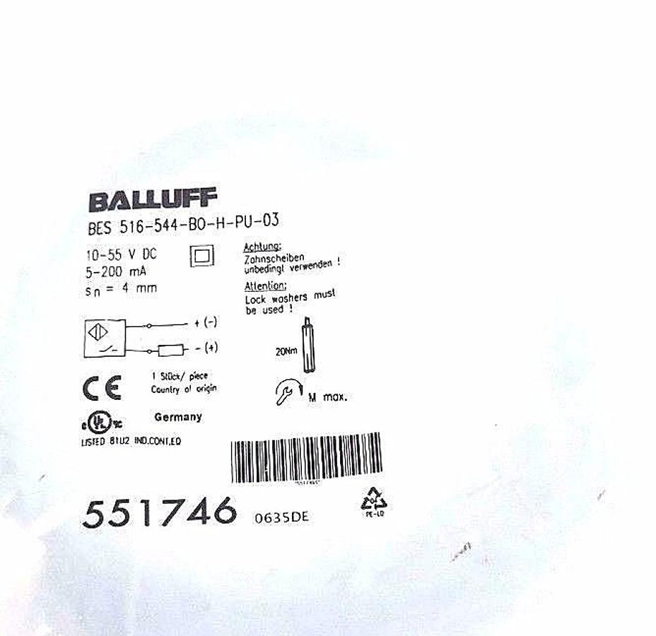 Used NEW BALLUFF BES 516-544-BO-H-PU-03 PROXIMITY SENSOR 10-55VDC 5-200MA 4MM, 551746