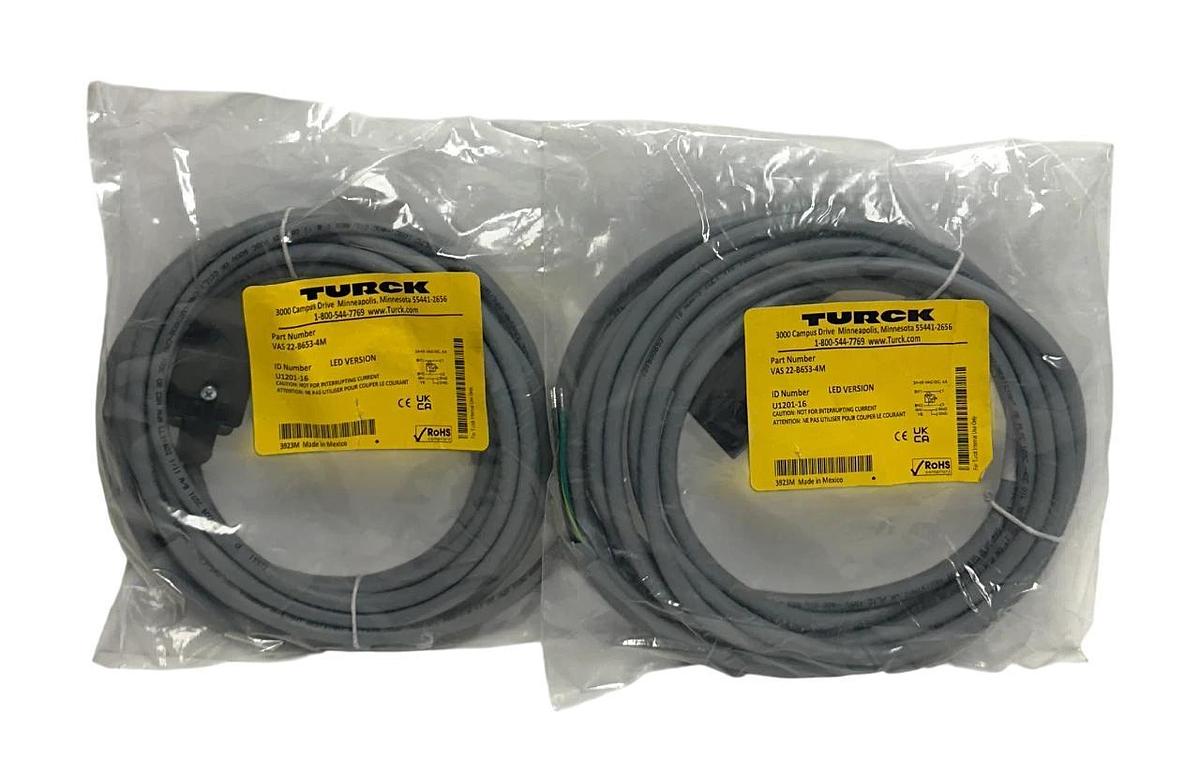 Used 2 TURCK VAS 22-B653-4M / U1201-16 SINGLE-ENDED CORDSETS LED VERSION 24-48V NSFS