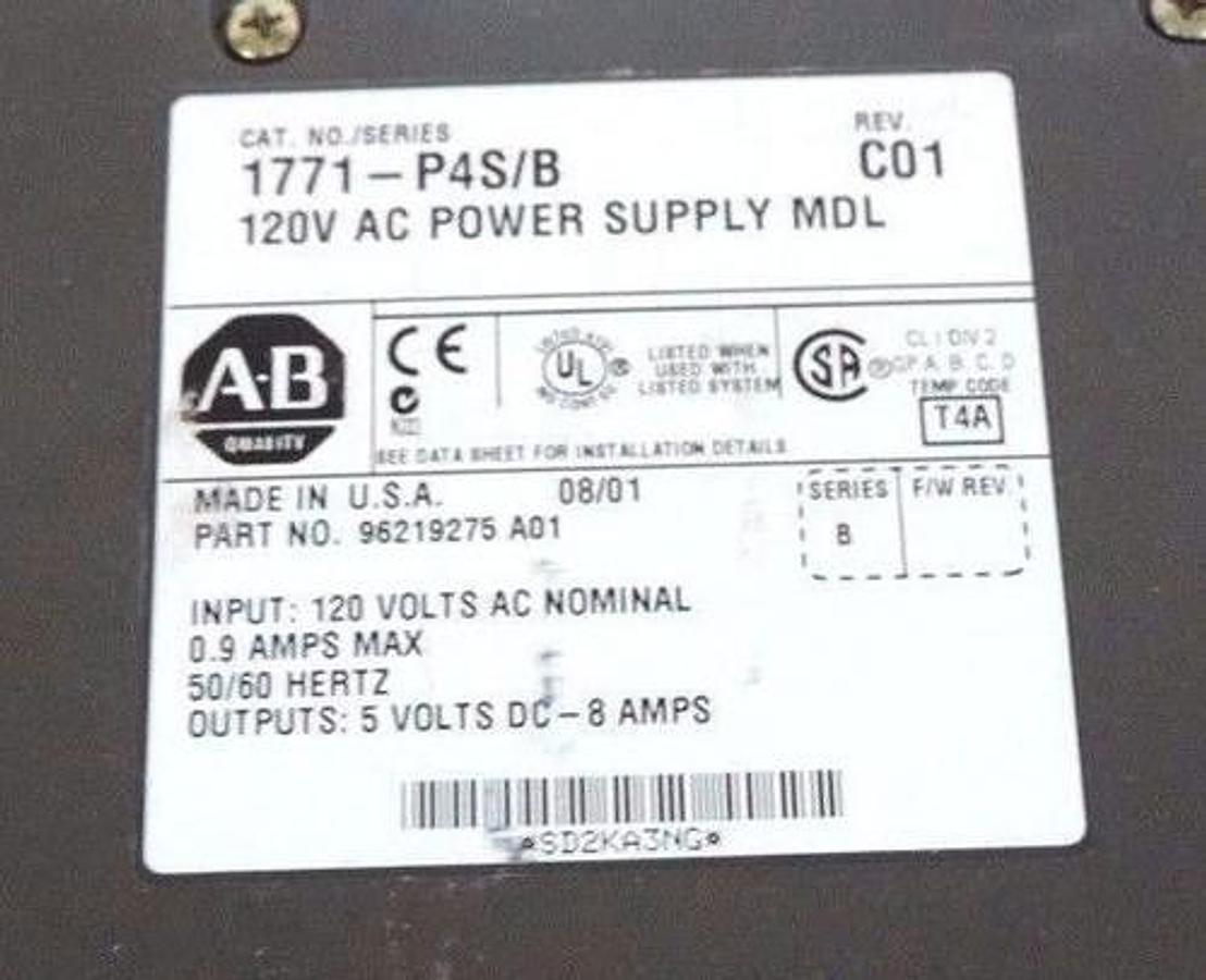 Used ALLEN BRADLEY 1771-P4S/B POWER SUPPLY 120V AC REV. C01 P/N: 96219275 A01