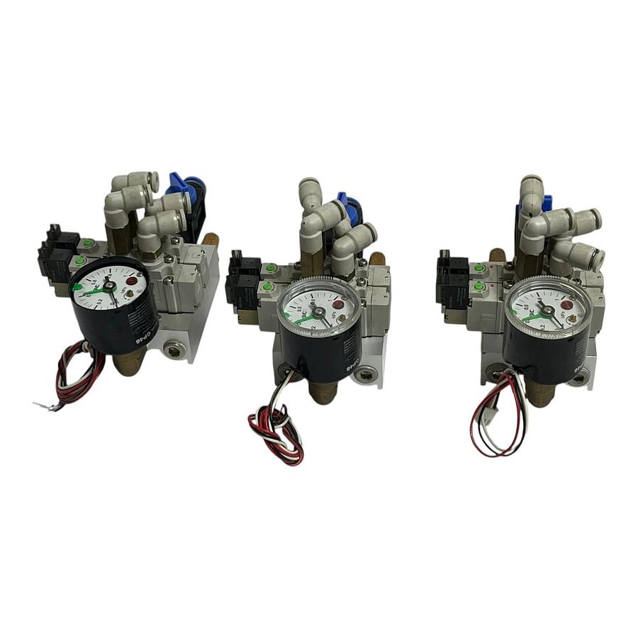 Used Lot of 3 TPC DV3120 Solenoid Valve Manifold Block SMC GP46 Pressure Gauge Switch