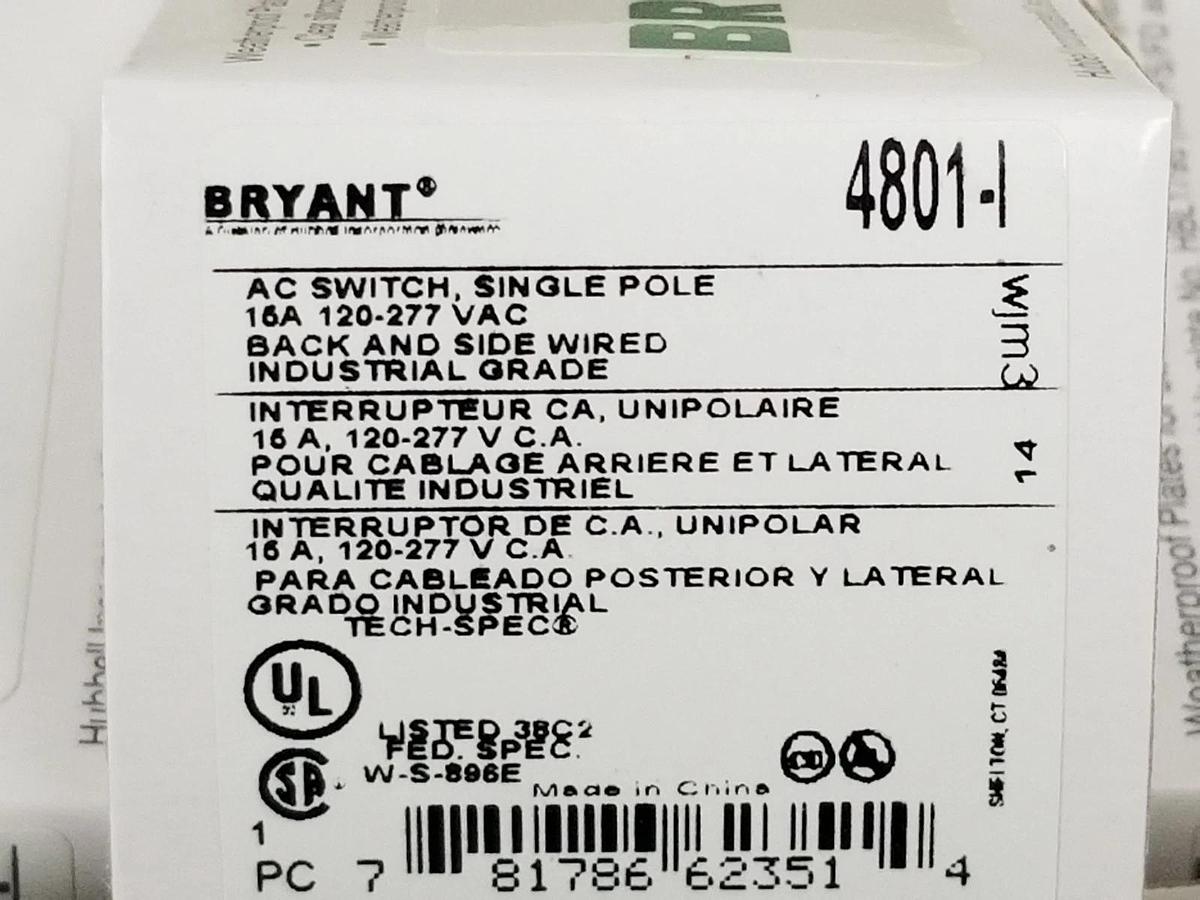Used BOX OF 10 NEW BRYANT 4801-I AC SWITCHES, SINGLE POLE 15A, 120-277 VAC, 4801I