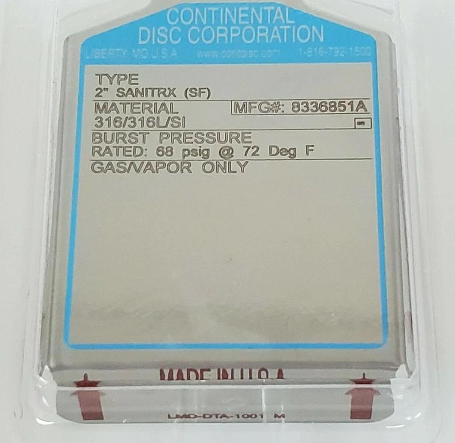 Used NIB CONTINENTAL DISC CORP. 8336851A TYPE: 2'' SANITRX (SF) 50MM GAS/VAPOR