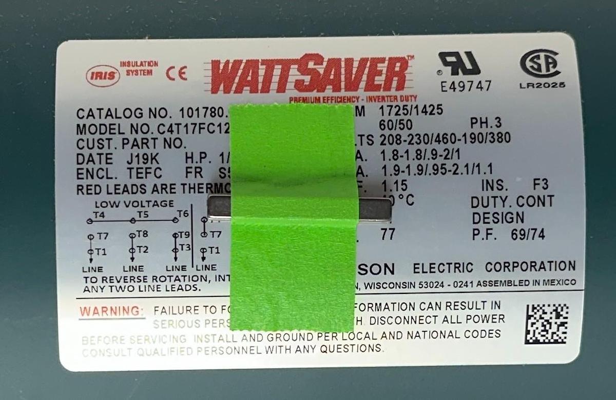 Used LEESON 101780.00 / C4T17FC12C WATTSAVER ELECTRIC MOTOR 1/2HP 3PH 5/8'' NSMP