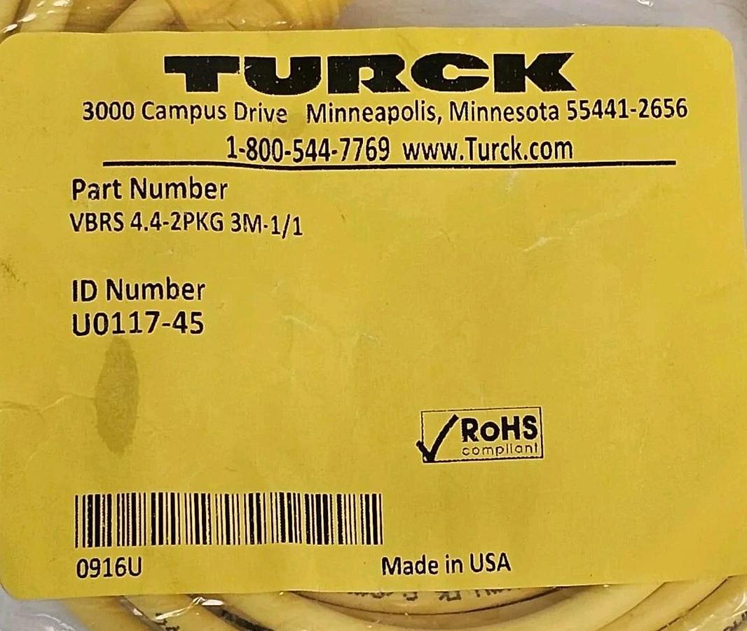 Used NEW TURCK VBRS 4.4-2PKG 3M-1/1 CORDSET SPLITTER ID NUMBER: U0117-45