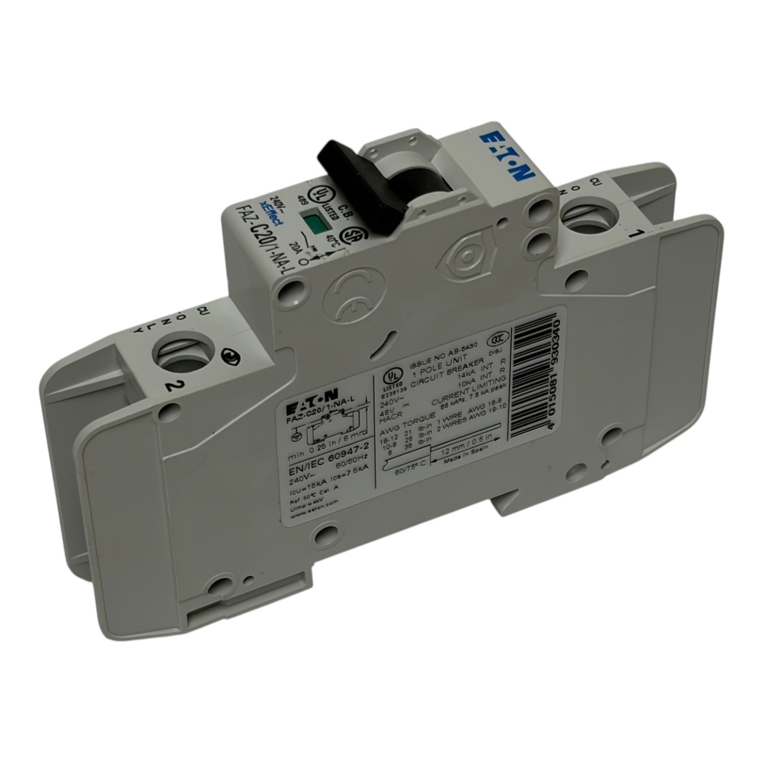 Used Eaton FAZ-C20/1-NA-L Miniature Circuit Breaker MCB 1 Pole 20A C Curve 240V New