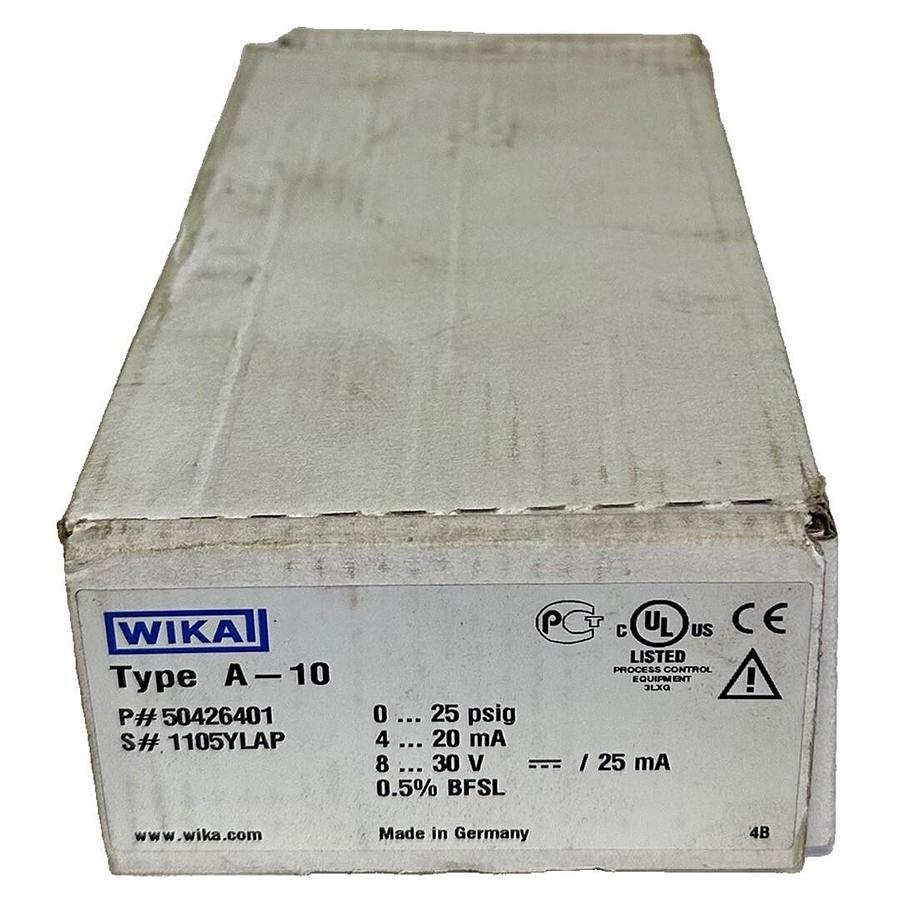 Used NEW WIKA 50426401 TYPE A-10 PRESSURE TRANSMITTER 0-25PSIG 4-20mA 8-30V 1/4''NPT