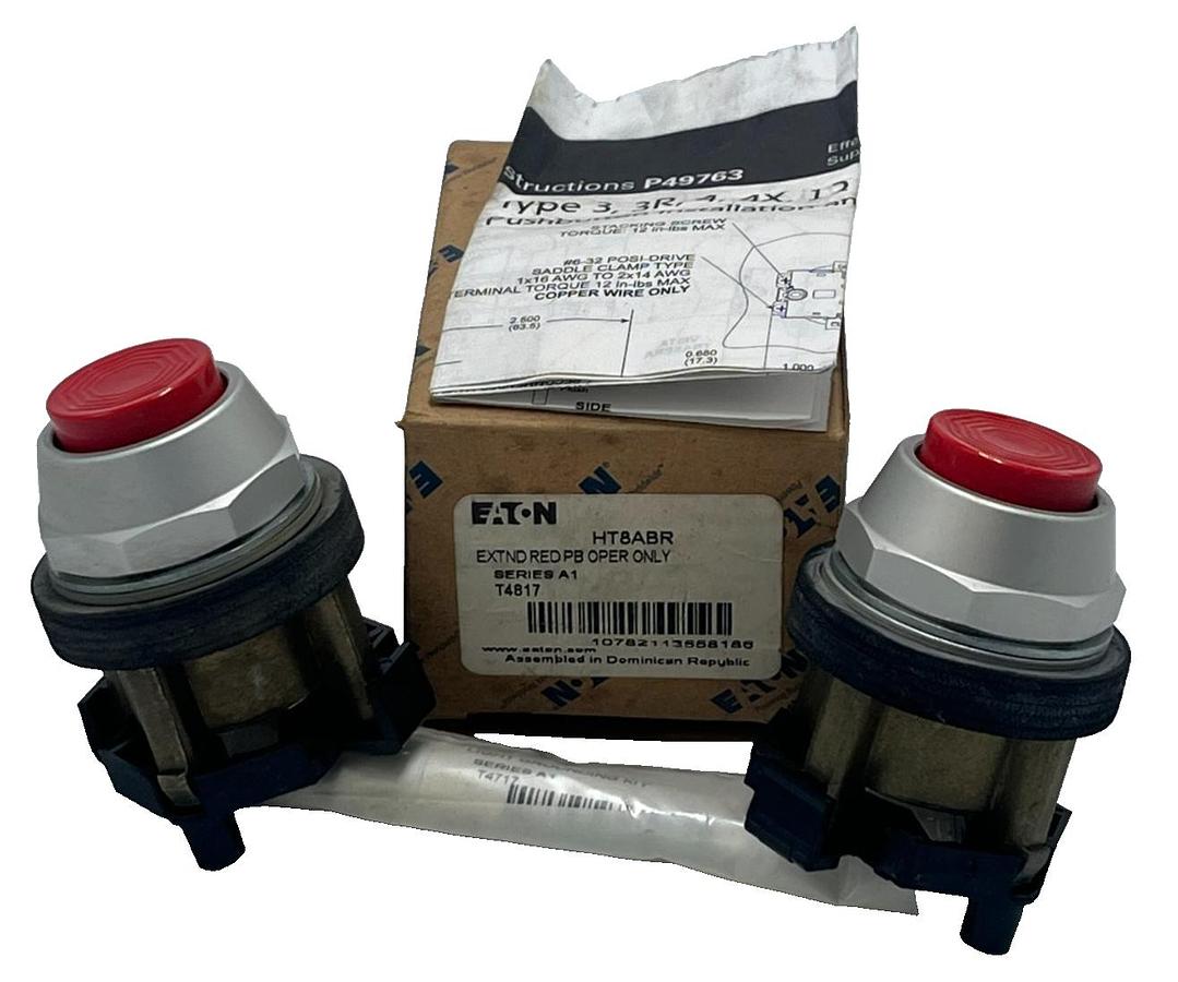 Used LOT OF 2 EATON HT8ABR Extended Red Pushbutton Momentary 22.5mm HT8ABR