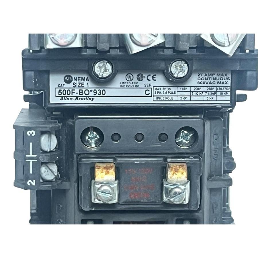 Used Allen-Bradley 500F-BO*930 Series C Top-Wired Reversing Contactor Size 1 120V