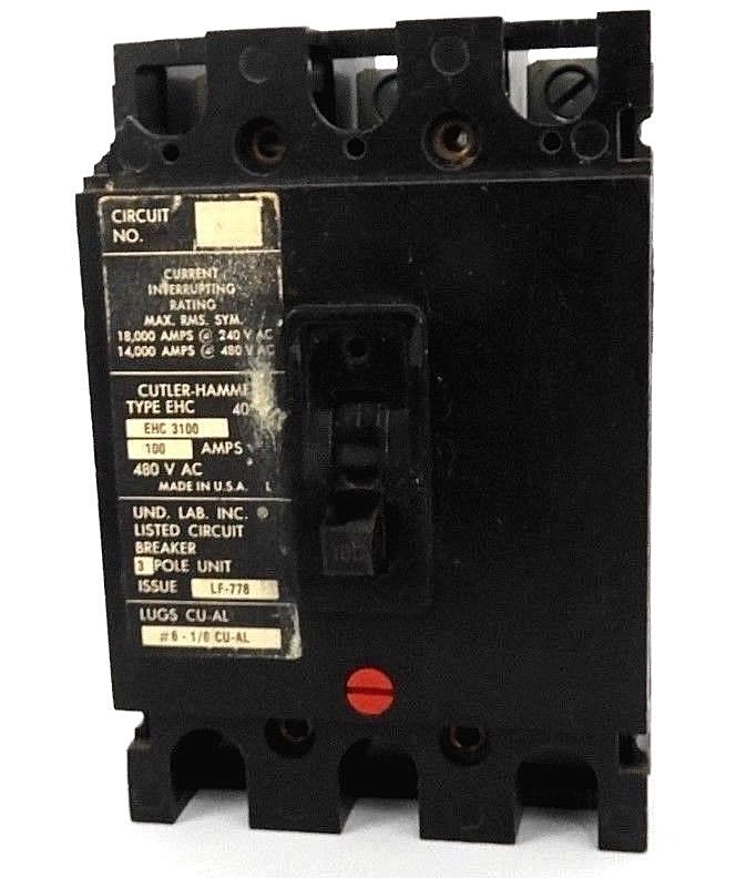 Used CUTLER HAMMER EHC3100 CIRCUIT BREAKER TYPE EHC, 100AMPS, 480V, 3P, LF-778