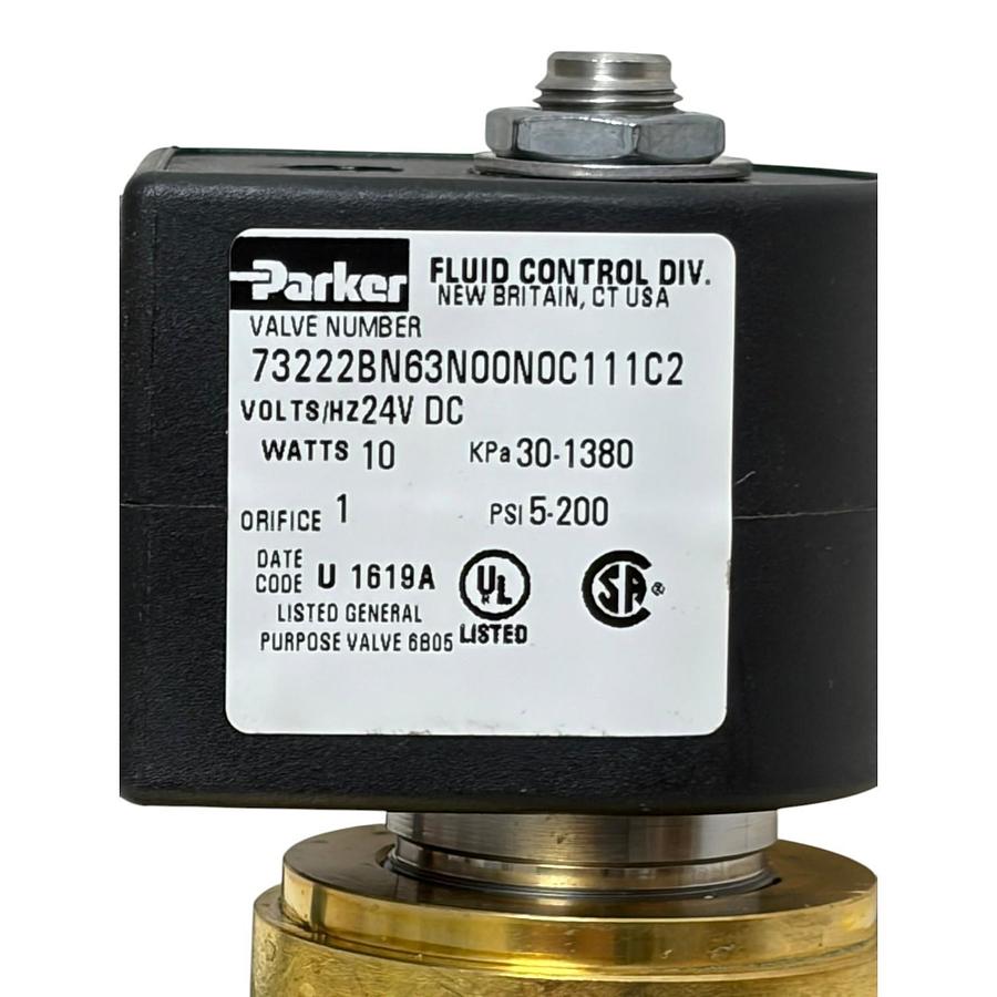 Used Parker 73222BN63N00N0C111C2 Solenoid Valve 24VDC 1" NPT Brass Normally Open NSMP