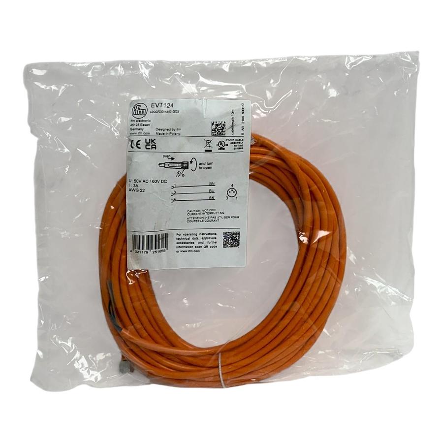 IFM EVT124 M12 Female Cordset 10m Orange Sensor Cable Stainless Nut New Sealed