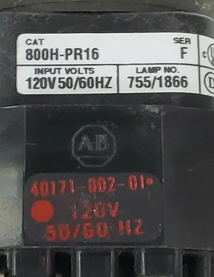 Used ALLEN BRADLEY 800H-PR16 PILOT LIGHT RED SER. F 120V 50/60HZ, 40171-002-01 COIL