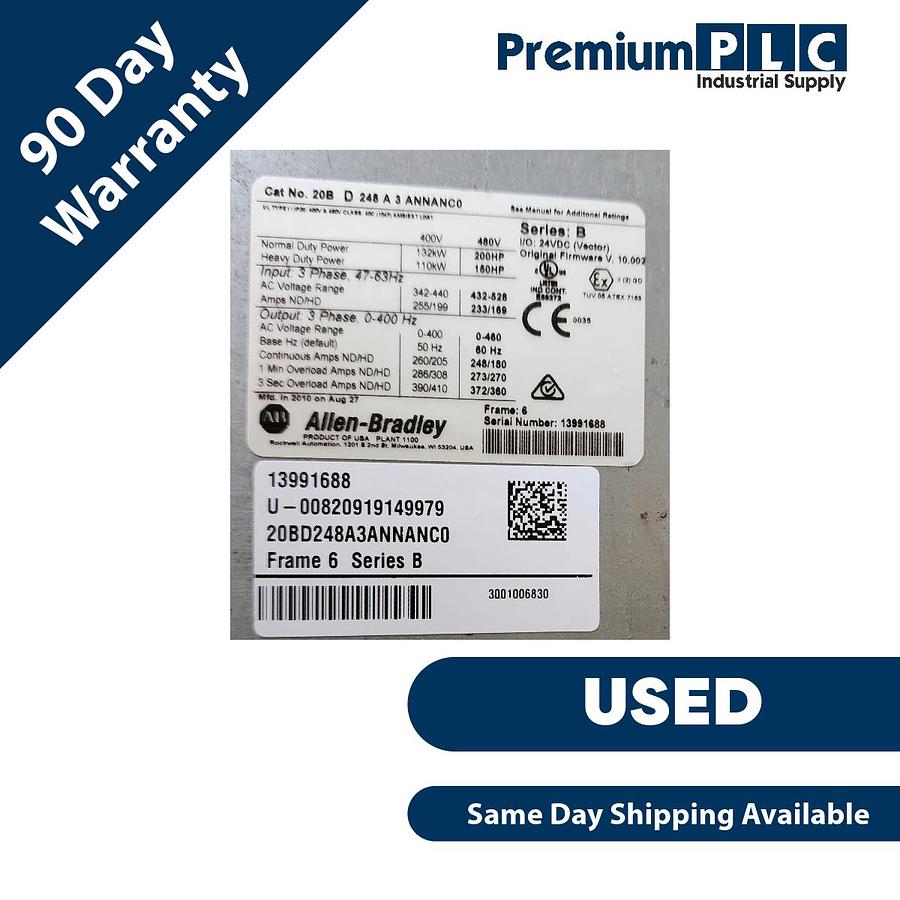Used ALLEN BRADLEY 20BD248A3ANNANC0 /B PowerFlex 700 AC DRIVE 480VAC, 3P, 200HP USPI