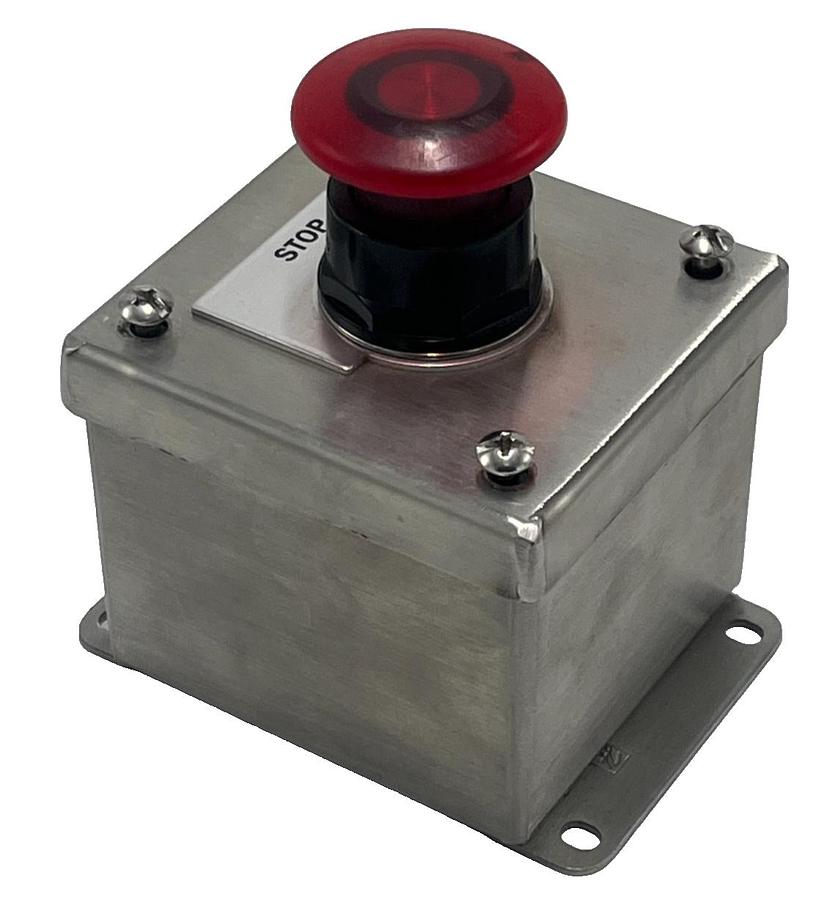 Used HOFFMAN E1PBSS STAINLESS STEEL ENCLOSURE W/ SIEMENS 52BM9W2 RED PUSHBUTTON NSNP