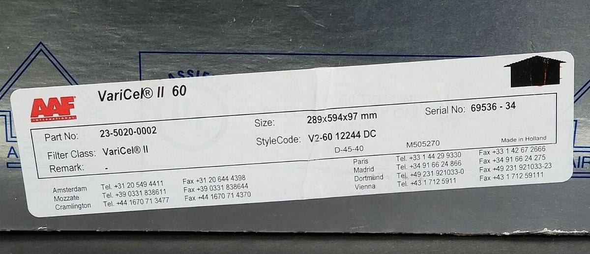 Used NEW AAF VARICEL II 60 AIR FILTER 289 X 594 X 97 MM, V2-60 12244 DC, 23-5020-0002