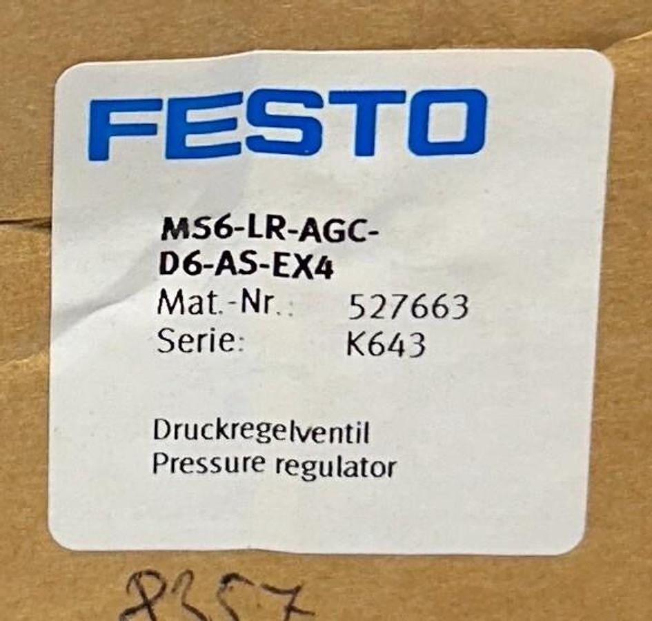 Used NEW FESTO MS6-LR-AGC-D6-AS-EX4 / 527663 PRESSURE REGULATOR MS-LR SERIES NSMP