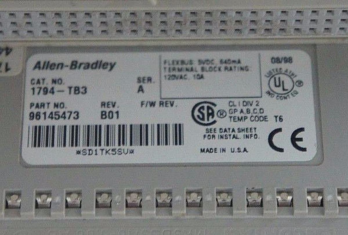 Used ALLEN BRADLEY 1794-TB3 TERMINAL BASE 1794TB3 SER. A REV. B01 P/N: 96145473