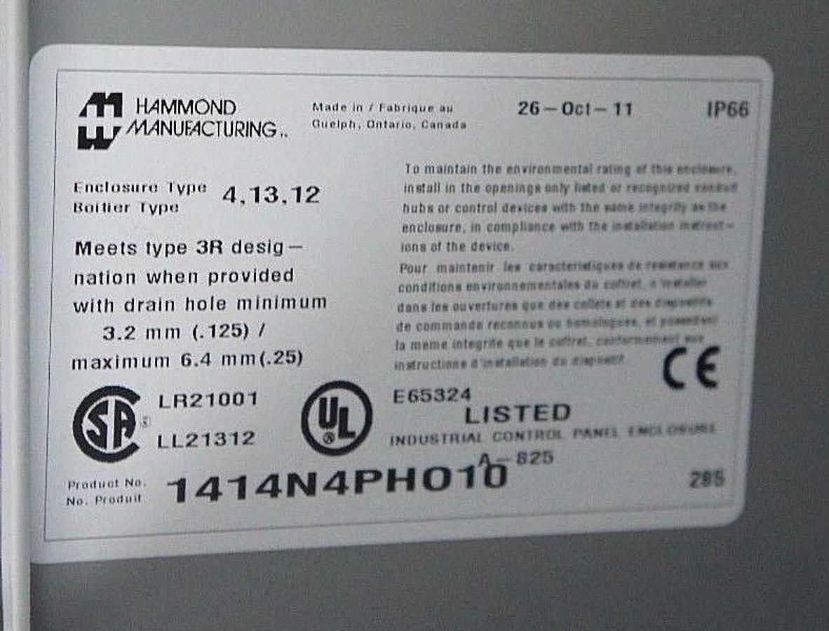 Used NIB HAMMOND 1414N4PHO10 ENCLOSURE JUCTION BOX 1414N4PH010, 16.0H X 14.0W X 10.0D