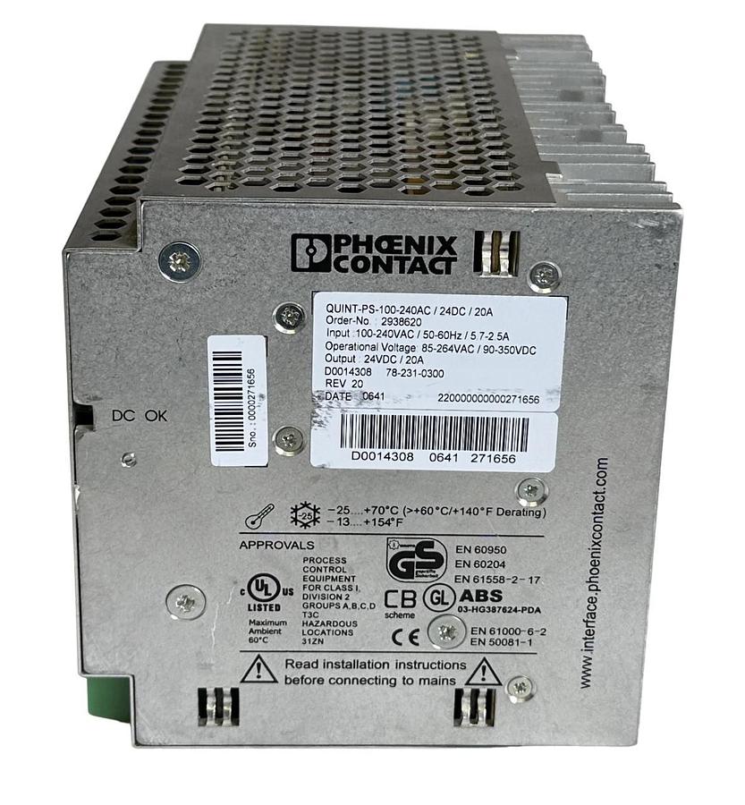 Used PHOENIX CONTACT QUINT-PS-100-240AC/24DC/20A POWER SUPPLY UNIT 24VDC/20A 2938620