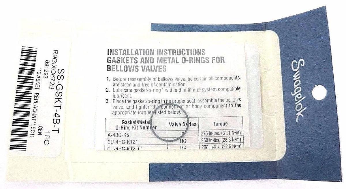 Used NIB SWAGELOK SS-8BK-VA-1C-K10 VALVE W/ SS-GSKT-4B-T GASKET
