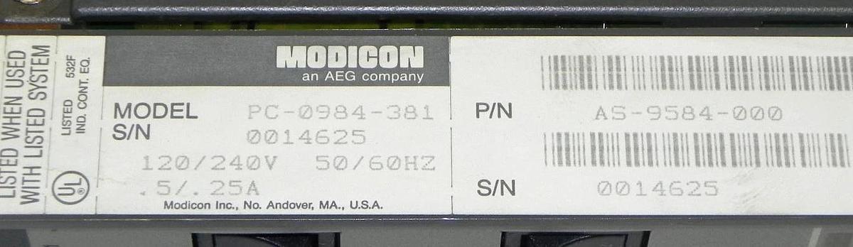 Used MODICON PC-0984-381 CPU PROGRAMMABLE CONTROLLER P/N: AS-9584-000