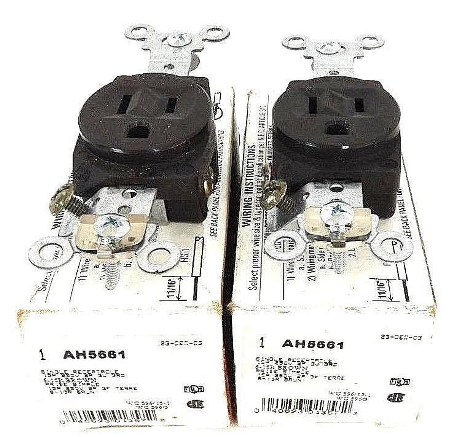 LOT OF 2 NIB COOPER AH5661 SINGLE RECEPTACLES 15A, 250V, 2P, 3W