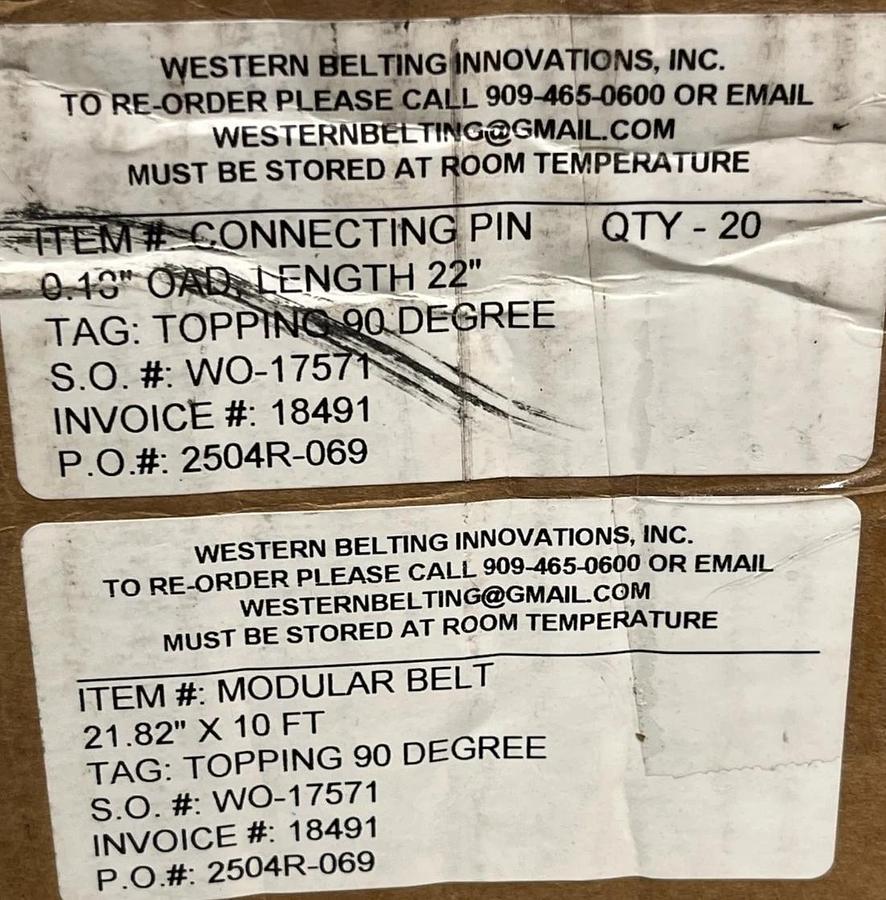 Used Western Belting Innovations Modular Belt 21.82" W x 10ft L | 90° Topping, NSMP
