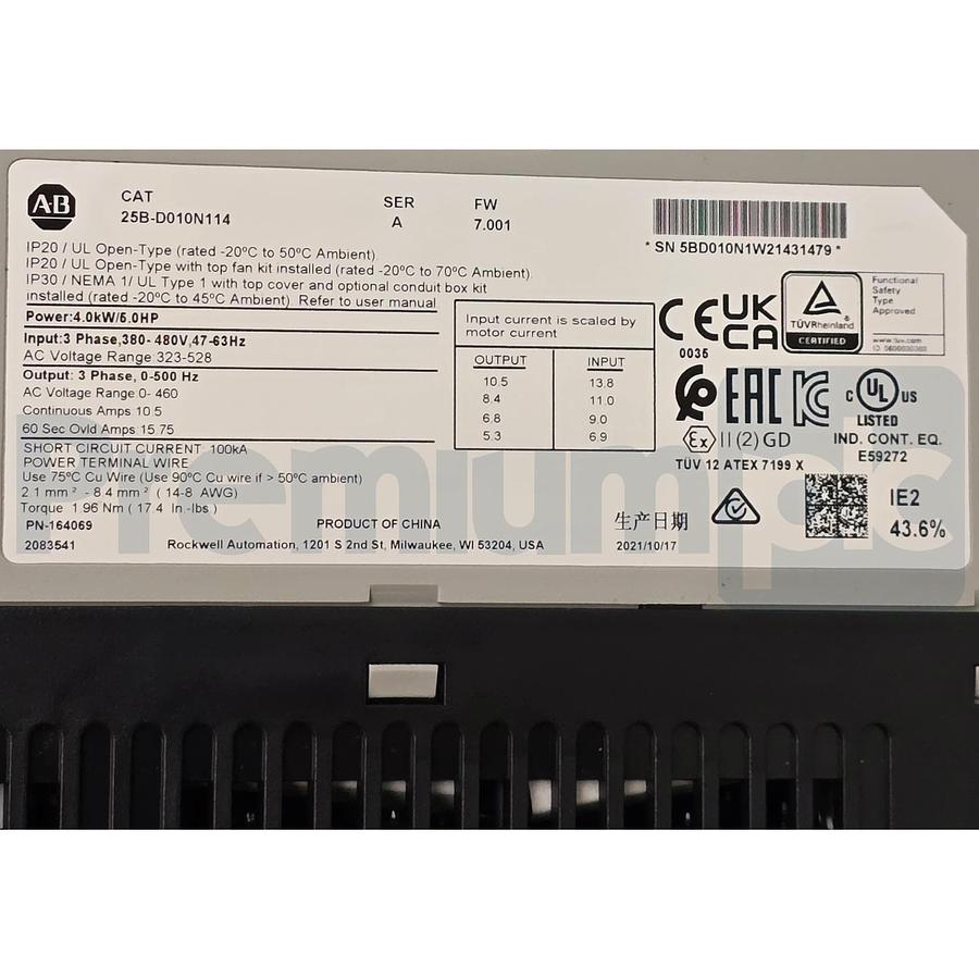 Used Surplus Allen Bradley 25B-D010N114 /A PowerFlex 525 5HP 480V AC Drive F/W 7.001