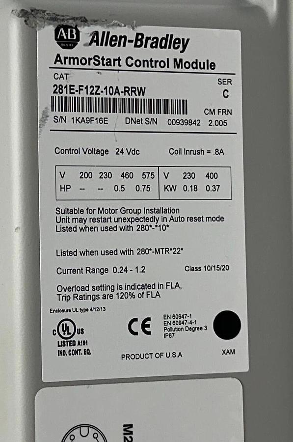 ALLEN BRADLEY 281E-F12Z-10A-RRW /C ArmorStart CONTROL 280E-FN-10-R /C Enet NSNP