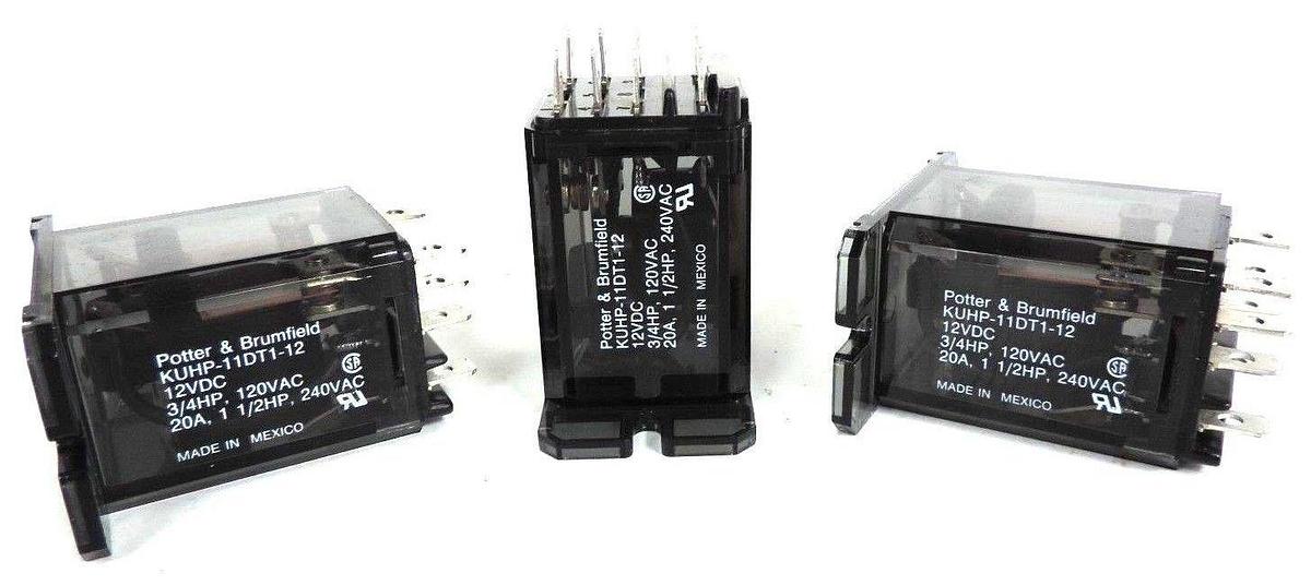 Used LOT OF 3 POTTER & BRUMFIELD KUHP-11DT1-12 POWER RELAYS 12VDC 3/4HP 120VAC