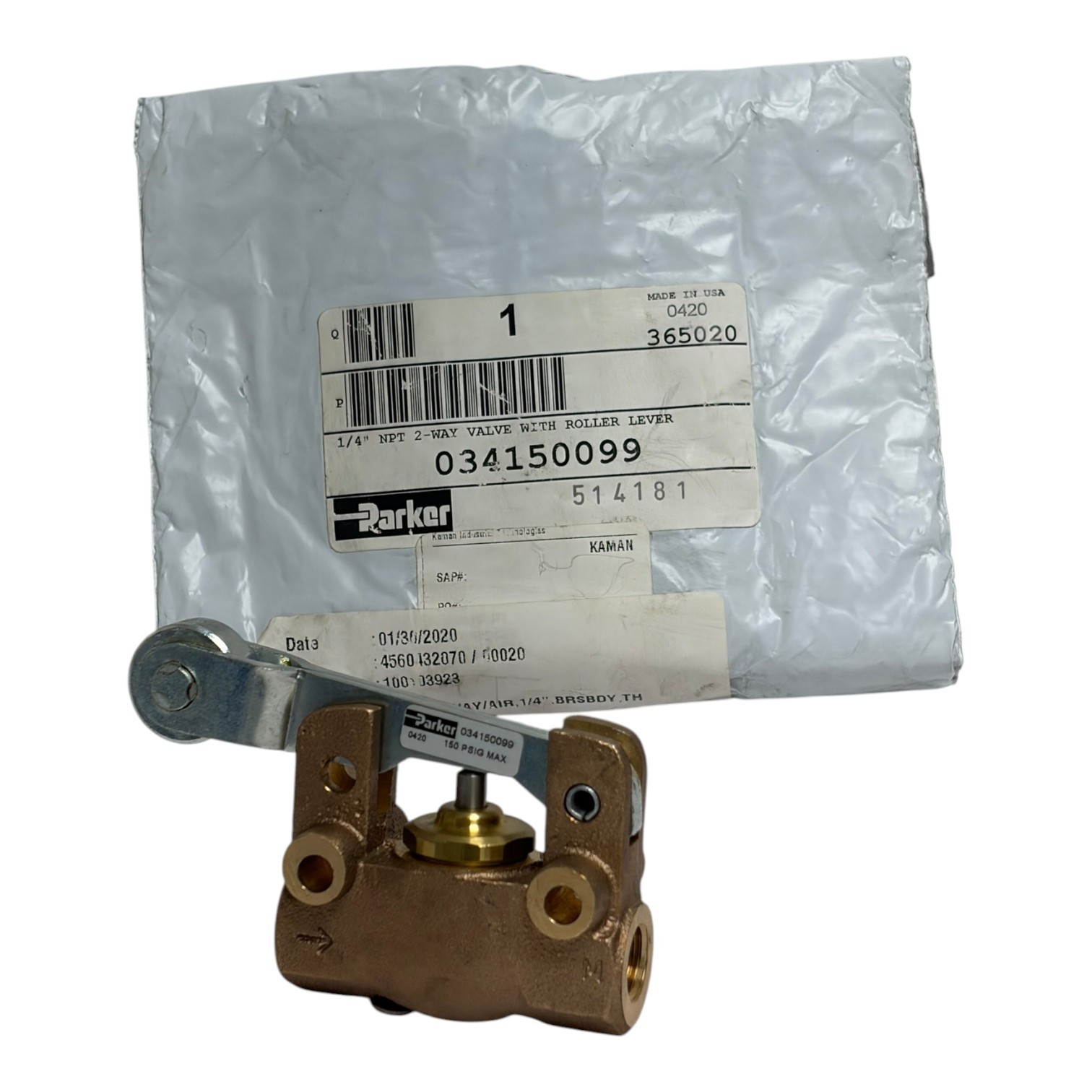 Used Parker 034150099 1/4" NPT 2-Way Valve Roller Lever 150 PSIG Max New Surplus