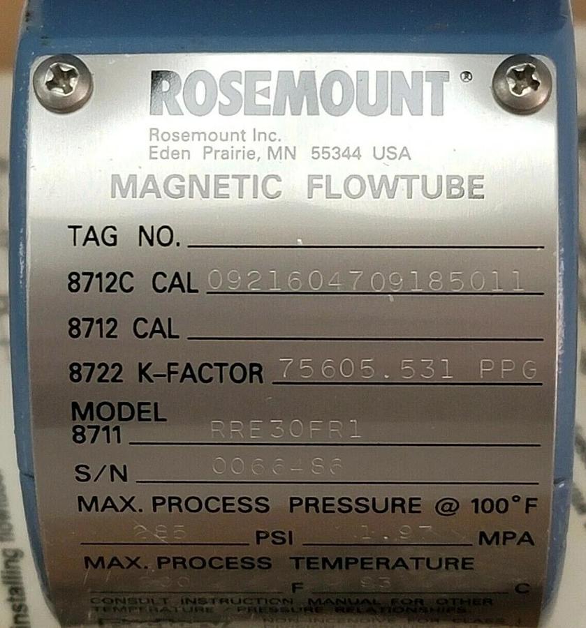 Used NIB ROSEMOUNT 8711RRE30FR1 MAGNETIC FLOWTUBE 285PSI 1.97MPA, 8711-3005-0001